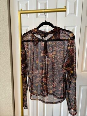 DKNY Jeans Sheer Long-Sleeve Floral Top in Black Multicolor Print Whimsigoth Y2K